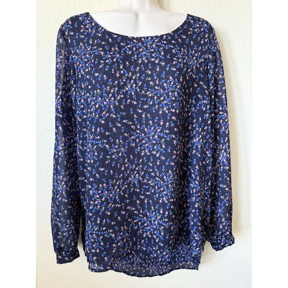 LC Lauren Conrad Blue Floral Long Sleeve Keyhole Back Hi Lo Tunic Blouse Size L - Picture 1 of 4